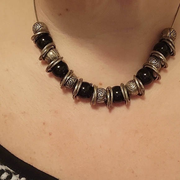 Black Silver Sphere Ring Necklace 19" - Picture 1 of 7